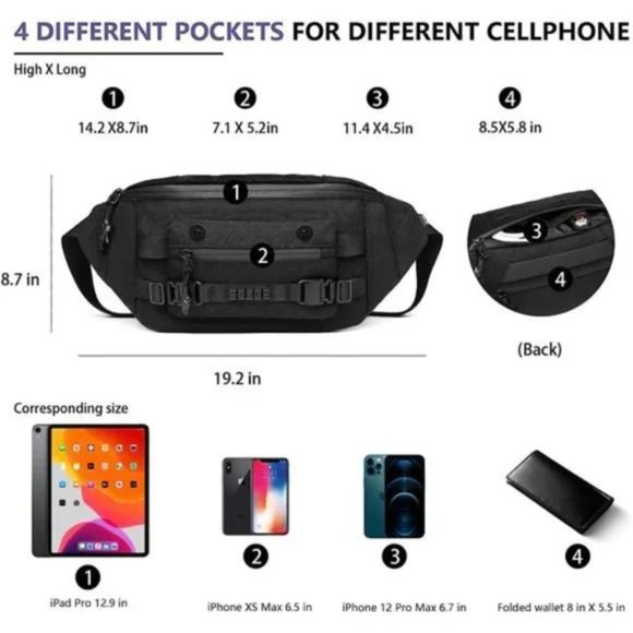 New Waterproof Chest Bag Casual for Walking Hiking Travel Black Large - Picture 4 of 7